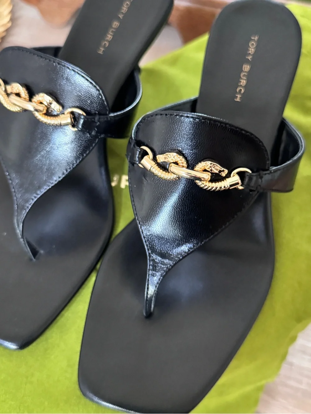 Tory Burch Black Leather Thong Mules with Gold Chain Accent